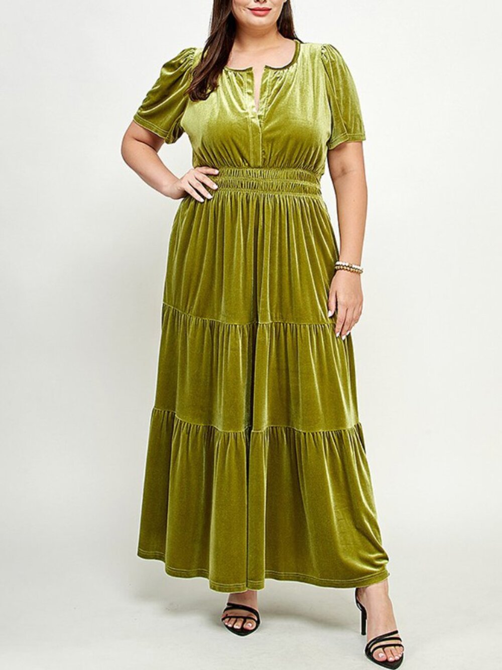 Chartreuse Green Velvet Short Sleeve Tiered A-line Maxi Dress 10